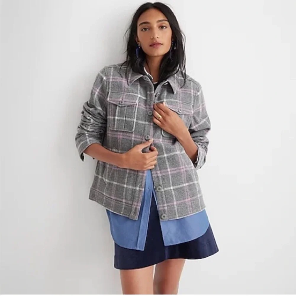 J.Crew Shirt-jacket in stretch wool-blend plaid Size S Gray/Lilac